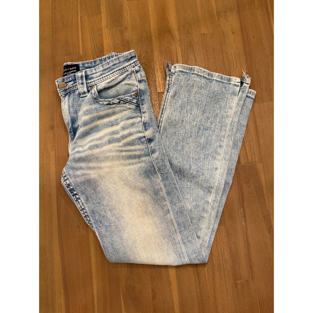Buckle Black Fit No. 3 Bootcut Jeans Light Wash Slim Fit 29x32 Distressed Hem - Picture 2 of 7